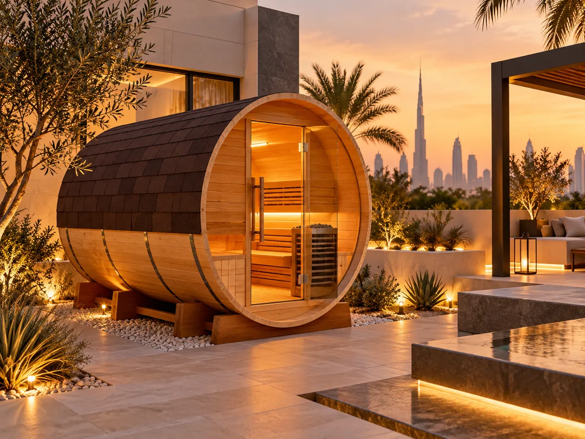 Outdoor barrel sauna in a landscaped Dubai villa garden at sunset