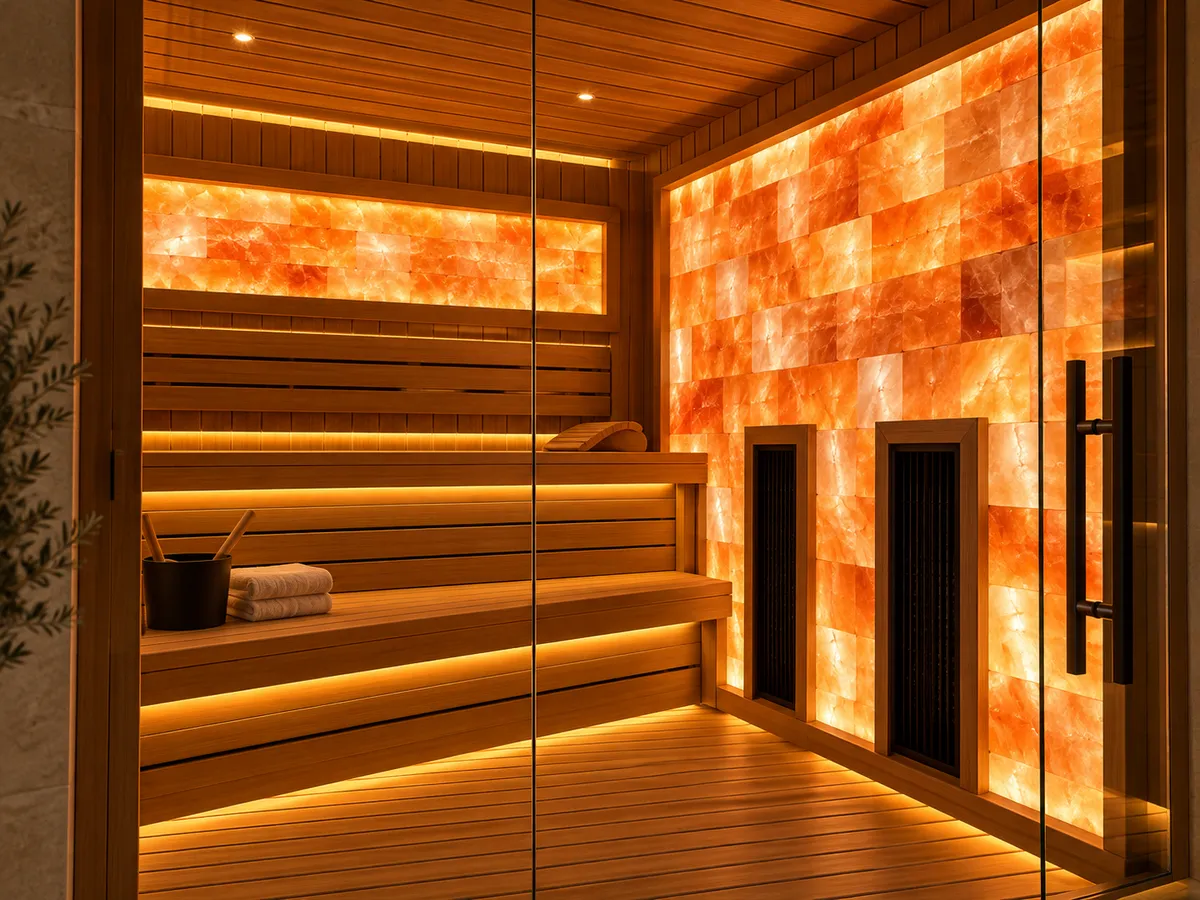 Salt wall sauna with glass door, wide benches and LED strips under each tier