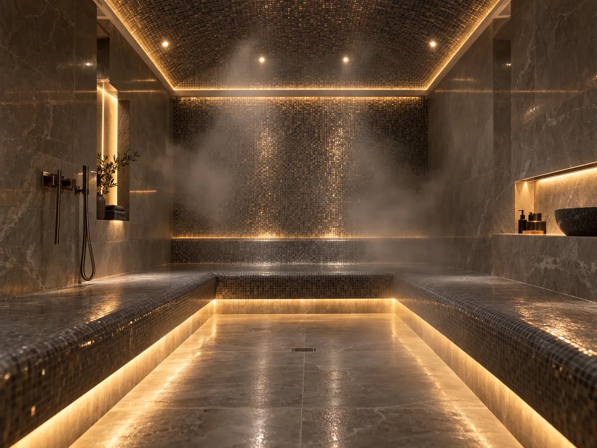 Stone steam room and hammam with tiled benches, mosaic ceiling lights and rising steam